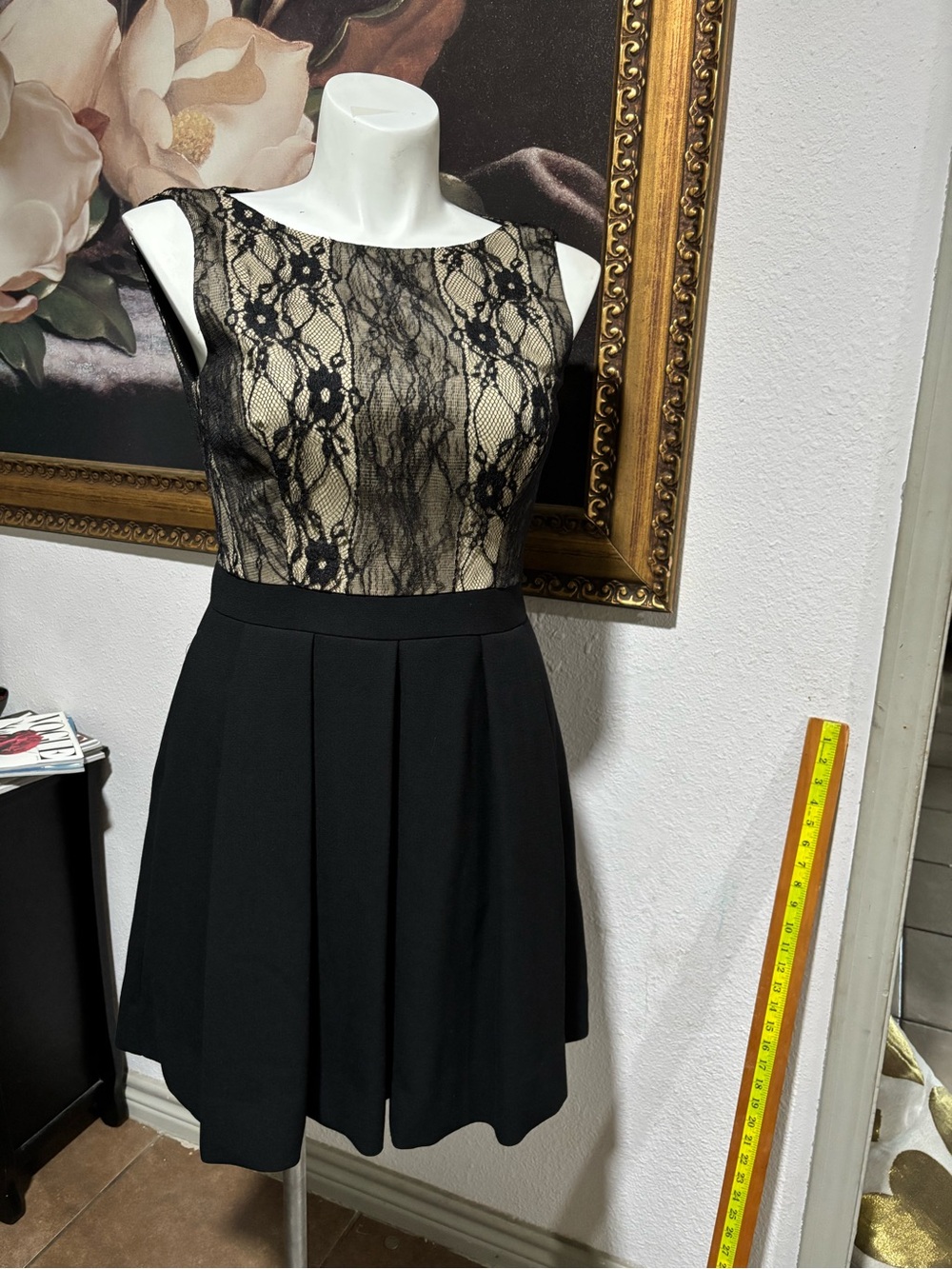 Cue Black Lace-Overlay Mini Dress with Nude Lining